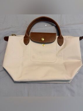 Longchamp Le Pliage Small Top Handle Tote Bag Ivory/Cream Nylon Brown Leather